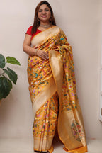 Yellow Handloom Banarasi Pure Katan Silk Meenakari Saree - Luxurion World