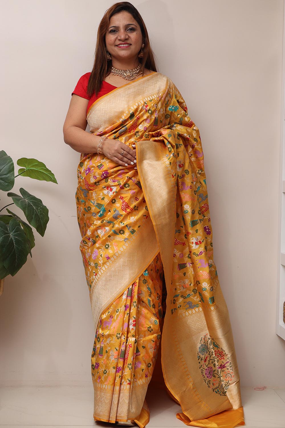 Yellow Handloom Banarasi Pure Katan Silk Meenakari Saree - Luxurion World