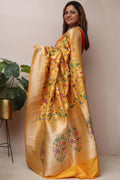 Yellow Handloom Banarasi Pure Katan Silk Meenakari Saree - Luxurion World