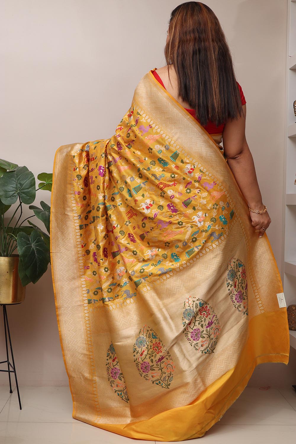 Yellow Handloom Banarasi Pure Katan Silk Meenakari Saree - Luxurion World