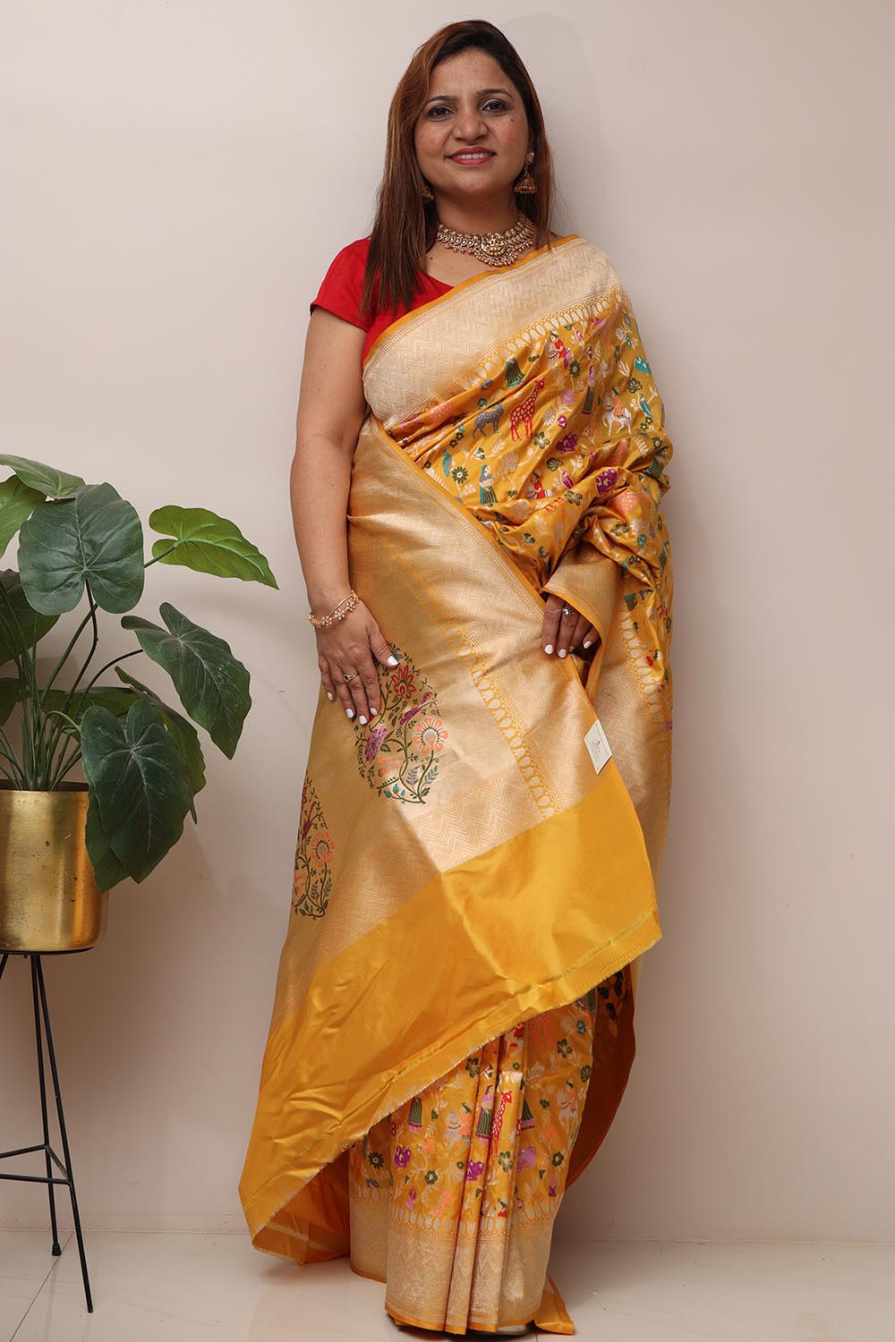 Yellow Handloom Banarasi Pure Katan Silk Meenakari Saree - Luxurion World