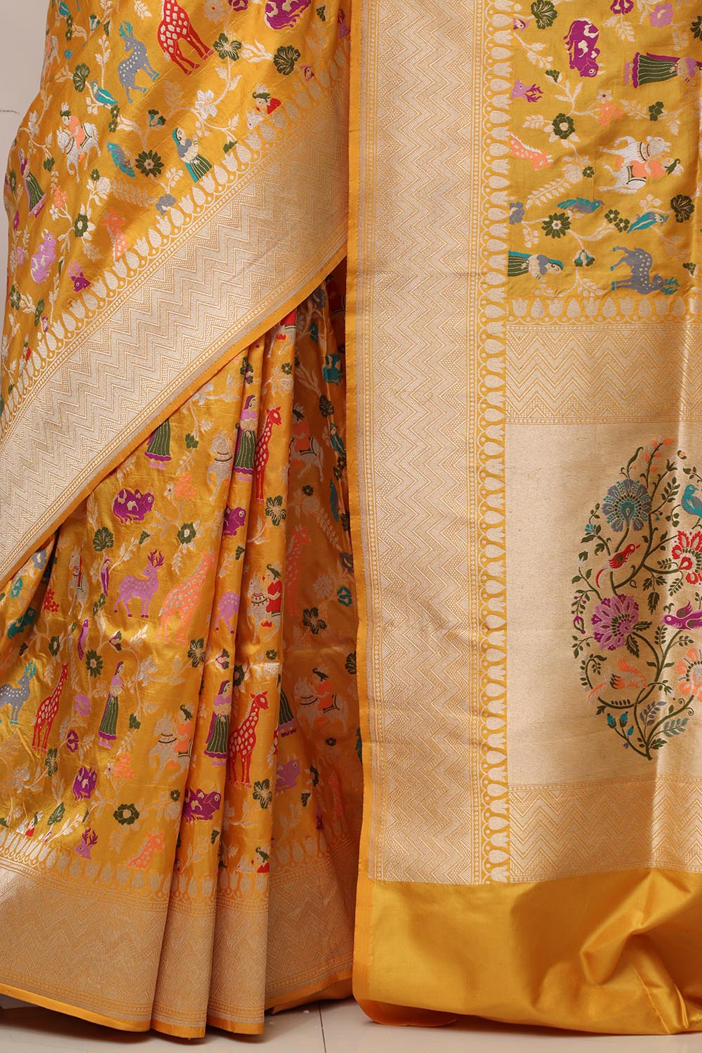 Yellow Handloom Banarasi Pure Katan Silk Meenakari Saree - Luxurion World