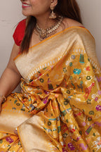 Yellow Handloom Banarasi Pure Katan Silk Meenakari Saree - Luxurion World