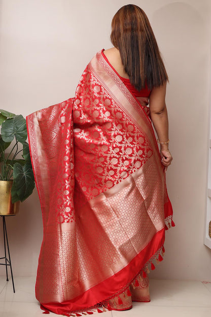 Exquisite Red Handloom Banarasi Pure Katan Silk Saree - Luxurion World