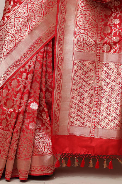 Exquisite Red Handloom Banarasi Pure Katan Silk Saree - Luxurion World