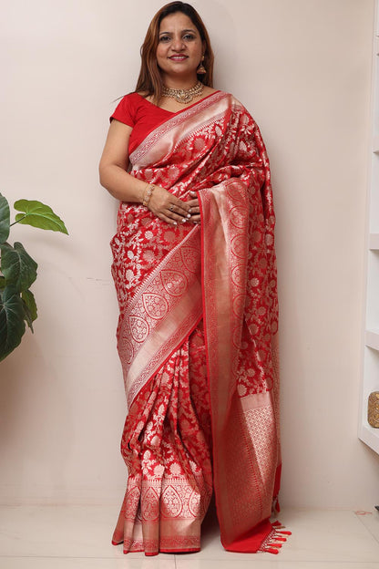 Exquisite Red Handloom Banarasi Pure Katan Silk Saree - Luxurion World