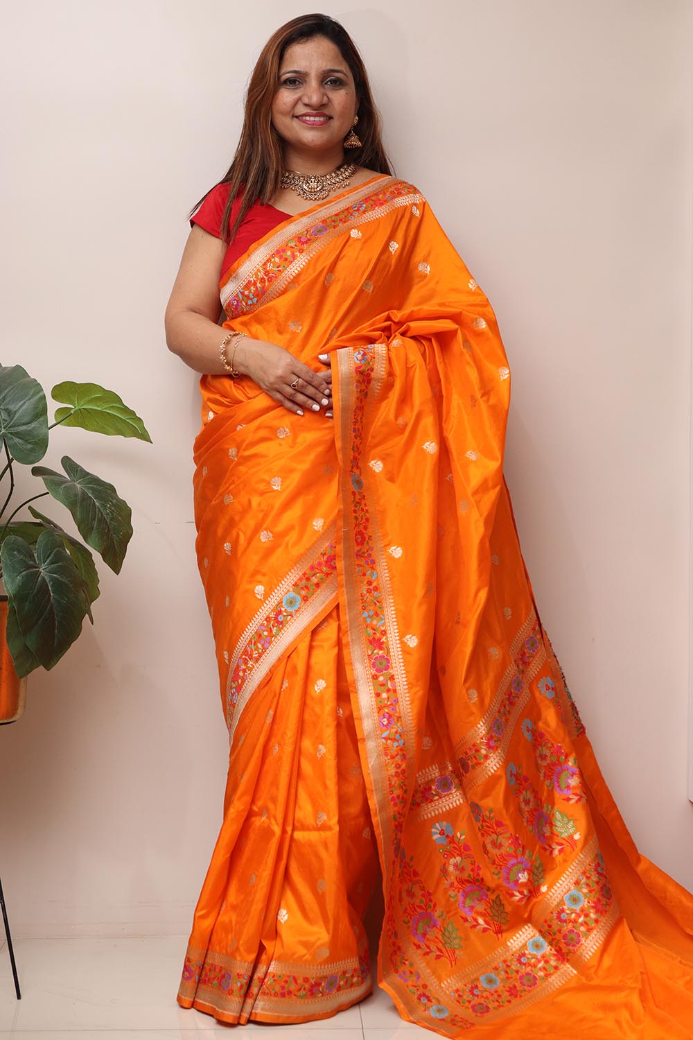 Orange Handloom Banarasi Pure Katan Silk Flower Design Meenakari Saree - Luxurion World