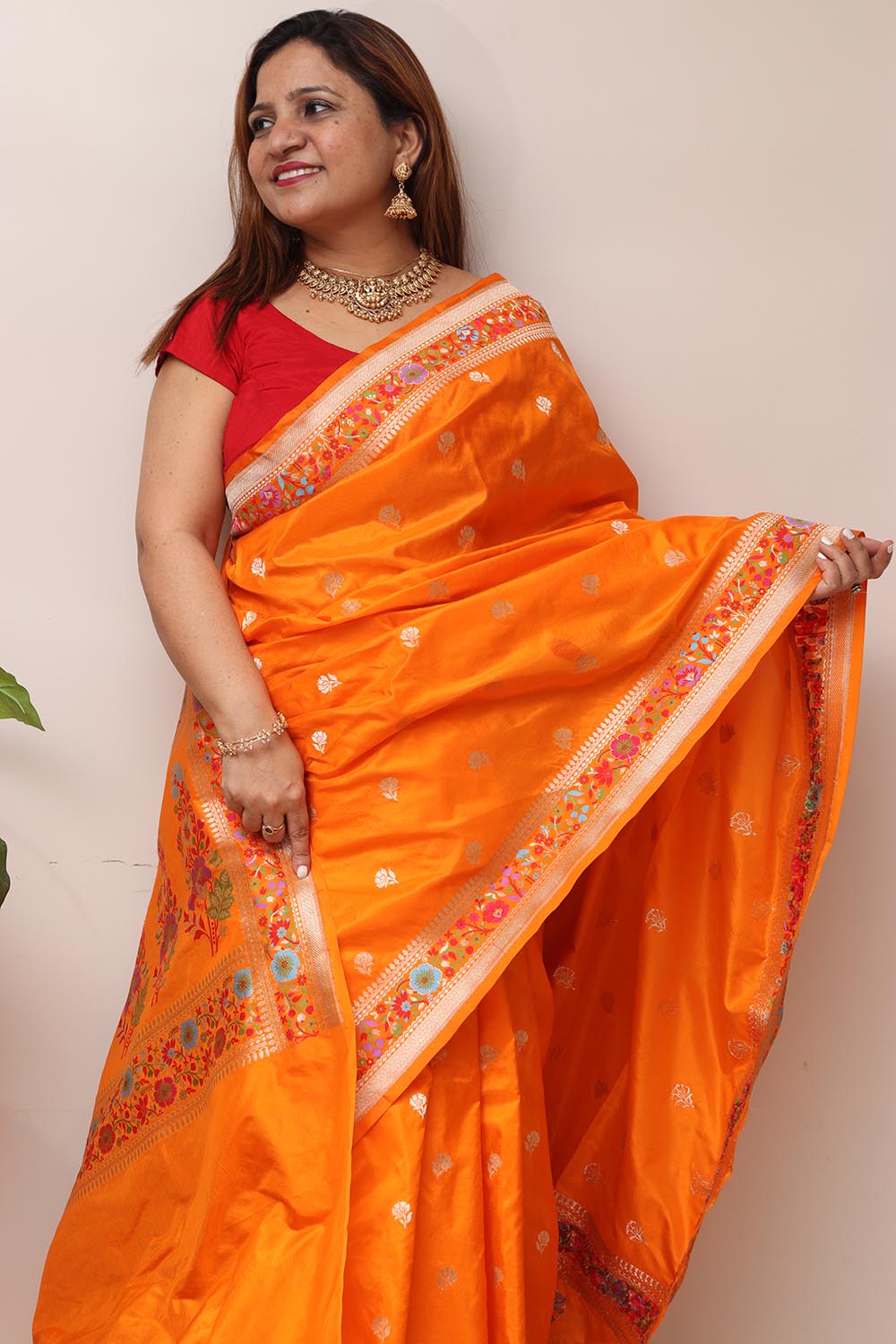 Orange Handloom Banarasi Pure Katan Silk Flower Design Meenakari Saree - Luxurion World