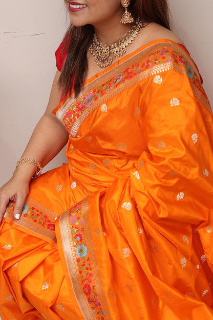 Orange Handloom Banarasi Pure Katan Silk Flower Design Meenakari Saree - Luxurion World