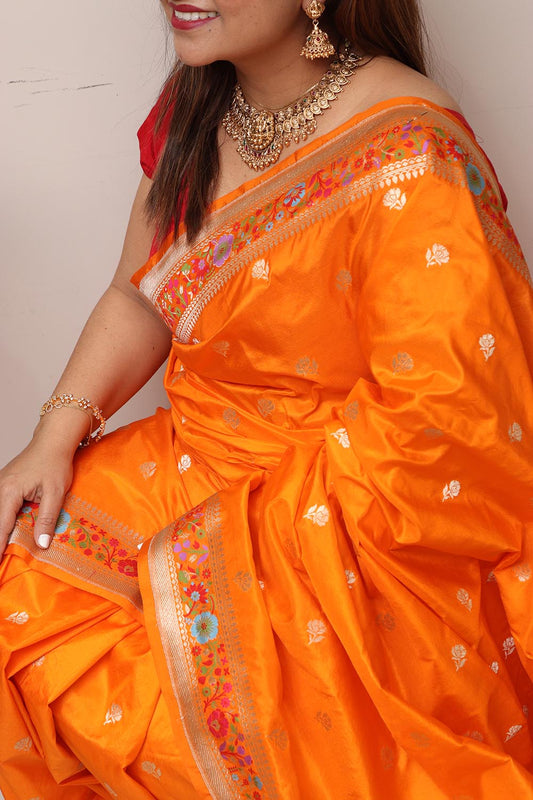 Orange Handloom Banarasi Pure Katan Silk Flower Design Meenakari Saree - Luxurion World