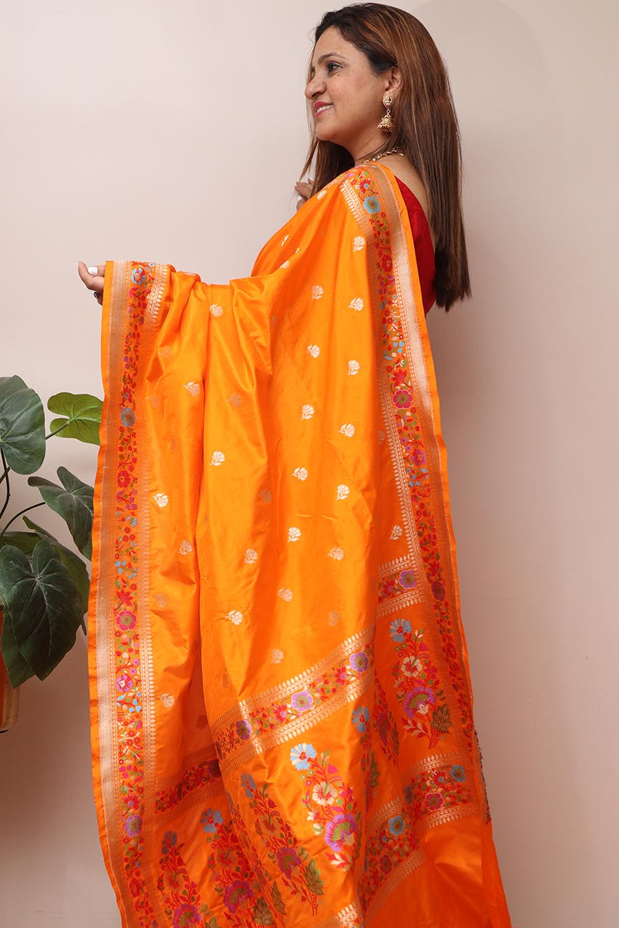 Orange Handloom Banarasi Pure Katan Silk Flower Design Meenakari Saree - Luxurion World