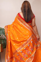 Orange Handloom Banarasi Pure Katan Silk Flower Design Meenakari Saree - Luxurion World