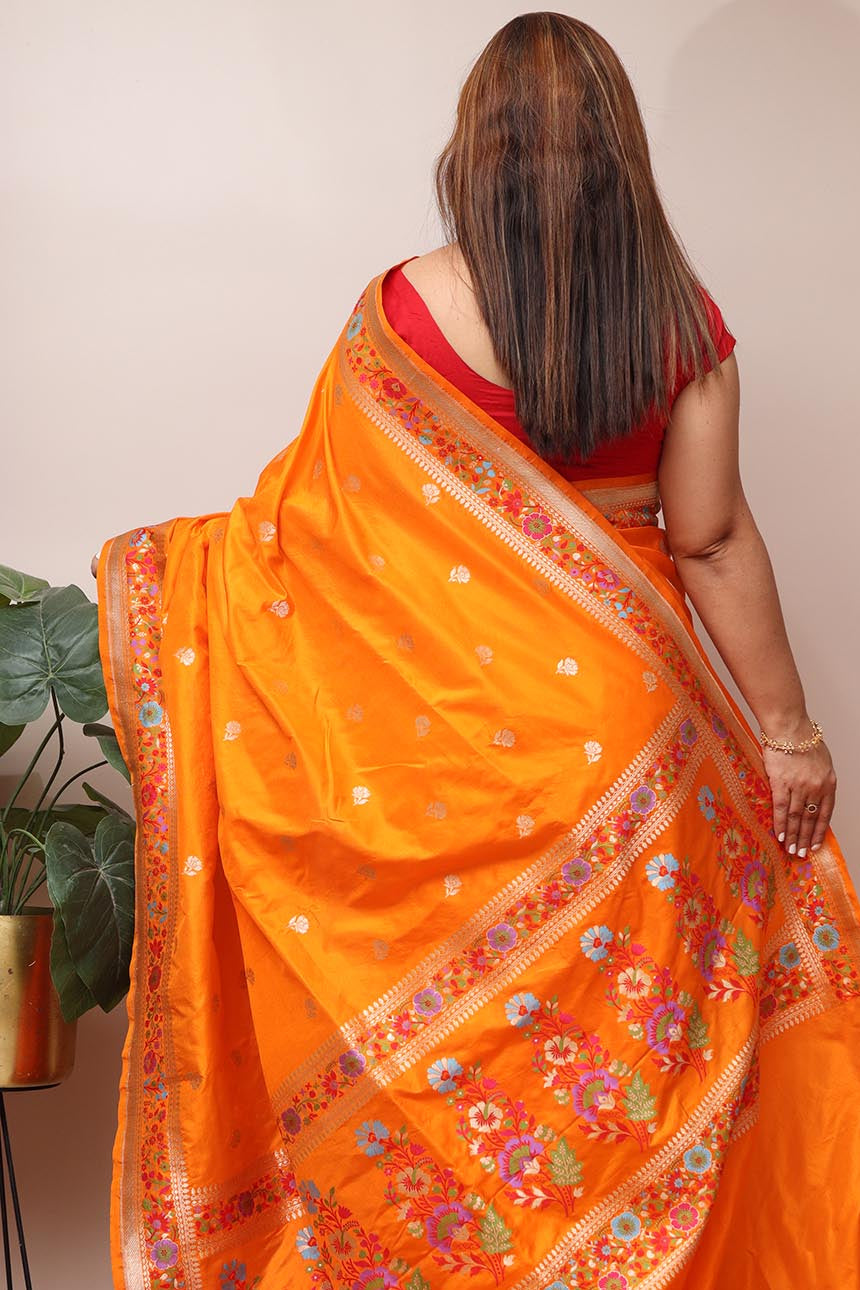 Orange Handloom Banarasi Pure Katan Silk Flower Design Meenakari Saree - Luxurion World