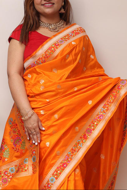 Orange Handloom Banarasi Pure Katan Silk Flower Design Meenakari Saree - Luxurion World