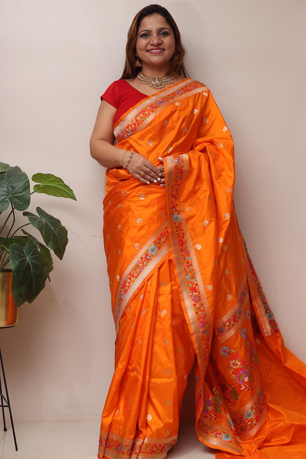 Orange Handloom Banarasi Pure Katan Silk Flower Design Meenakari Saree - Luxurion World
