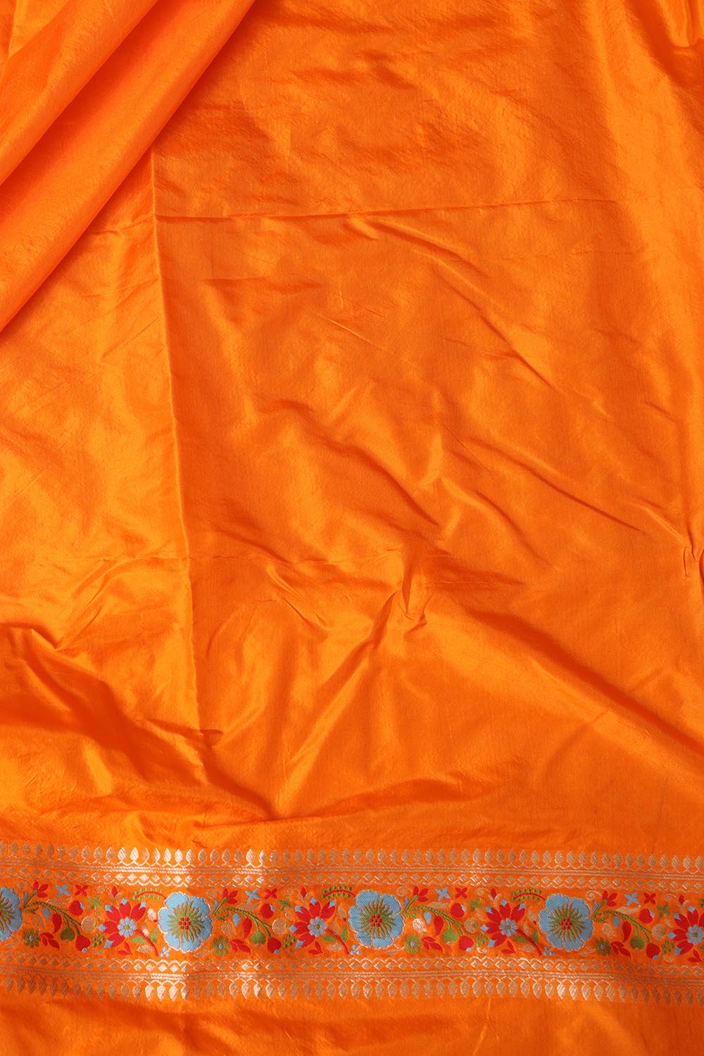 Orange Handloom Banarasi Pure Katan Silk Flower Design Meenakari Saree - Luxurion World