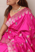 Pink Handloom Banarasi Pure Katan Silk Flower Design Scallop Border Saree - Luxurion World