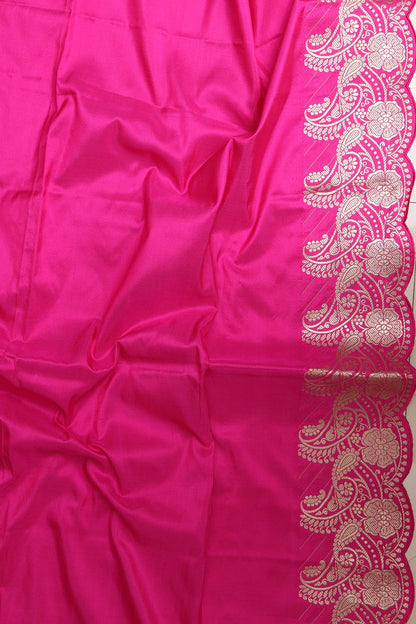 Pink Handloom Banarasi Pure Katan Silk Flower Design Scallop Border Saree - Luxurion World