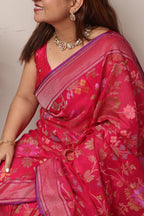 Pink Handloom Banarasi Jamdani Cotton Flower Design Saree - Luxurion World