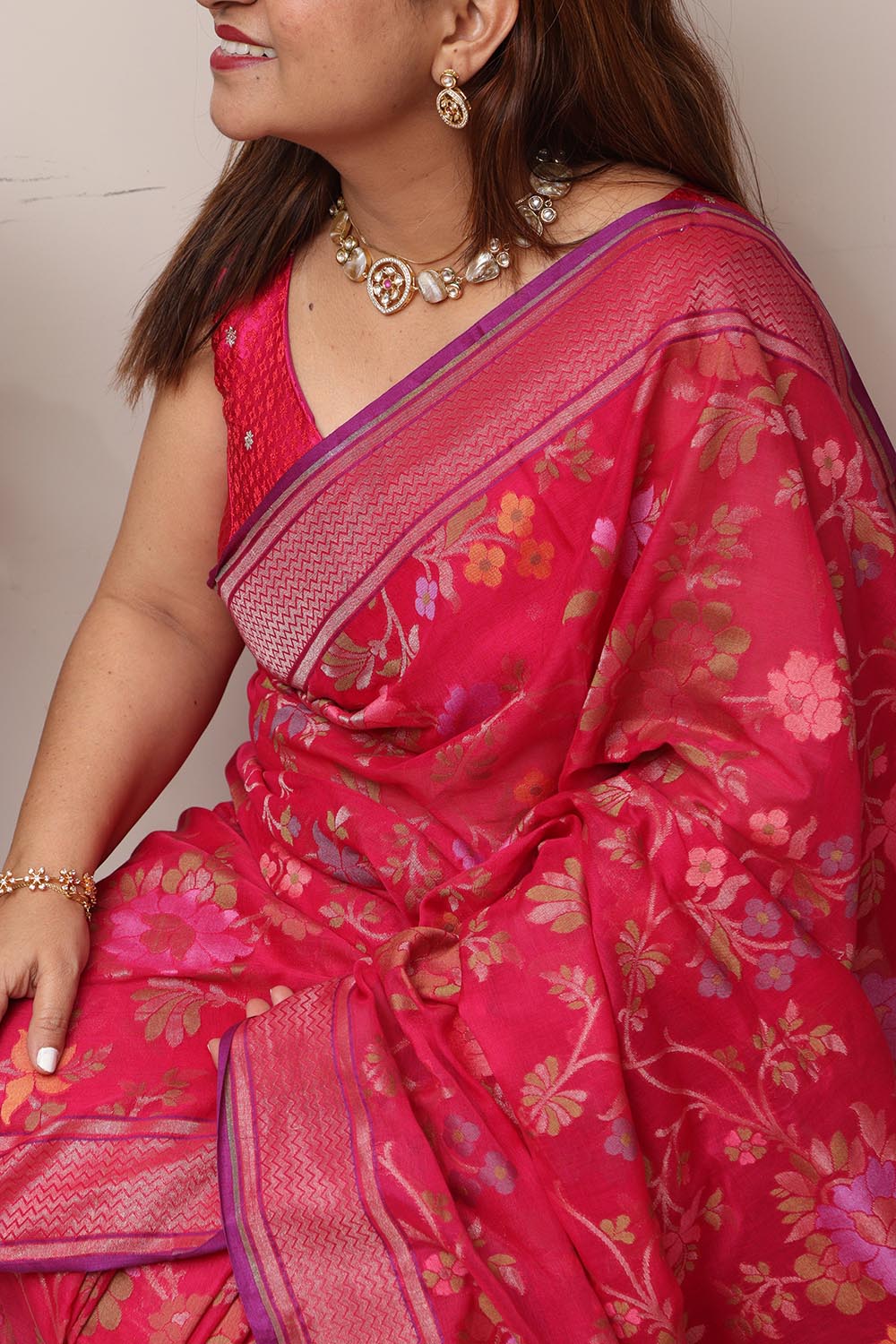 Pink Handloom Banarasi Jamdani Cotton Flower Design Saree - Luxurion World