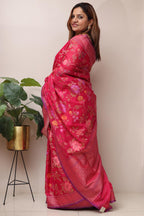 Pink Handloom Banarasi Jamdani Cotton Flower Design Saree - Luxurion World