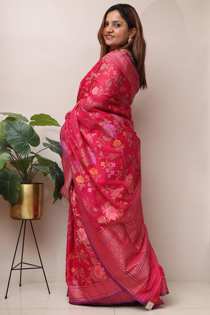 Pink Handloom Banarasi Jamdani Cotton Flower Design Saree - Luxurion World