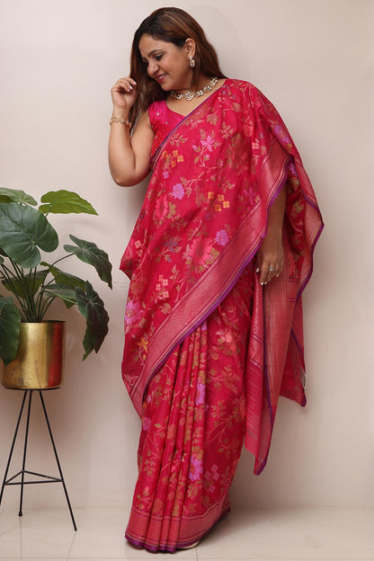 Pink Handloom Banarasi Jamdani Cotton Flower Design Saree - Luxurion World