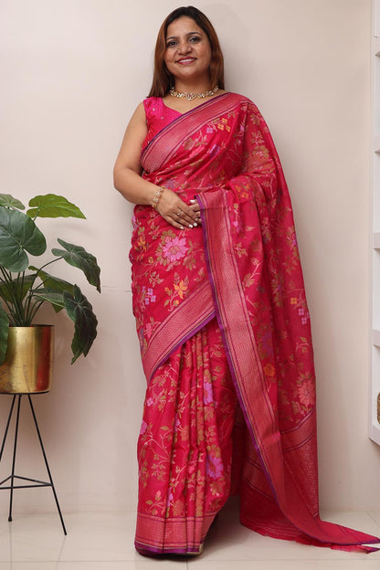 Pink Handloom Banarasi Jamdani Cotton Flower Design Saree - Luxurion World