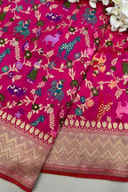 Pink Handloom Banarasi Pure Katan Silk Animal Flower Design Meenkari Saree - Luxurion World