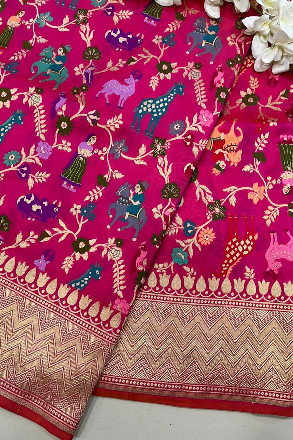 Pink Handloom Banarasi Pure Katan Silk Animal Flower Design Meenkari Saree - Luxurion World
