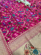 Pink Handloom Banarasi Pure Katan Silk Animal Flower Design Meenkari Saree - Luxurion World