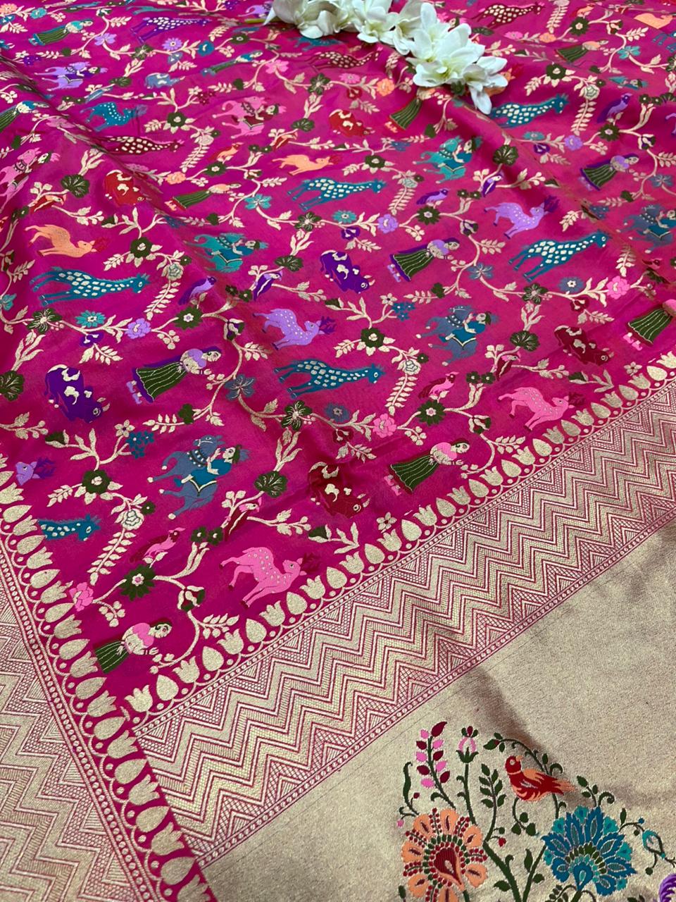 Pink Handloom Banarasi Pure Katan Silk Animal Flower Design Meenkari Saree - Luxurion World