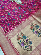 Pink Handloom Banarasi Pure Katan Silk Animal Flower Design Meenkari Saree - Luxurion World