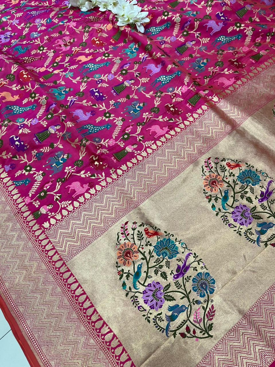 Pink Handloom Banarasi Pure Katan Silk Animal Flower Design Meenkari Saree - Luxurion World