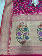 Pink Handloom Banarasi Pure Katan Silk Animal Flower Design Meenkari Saree - Luxurion World