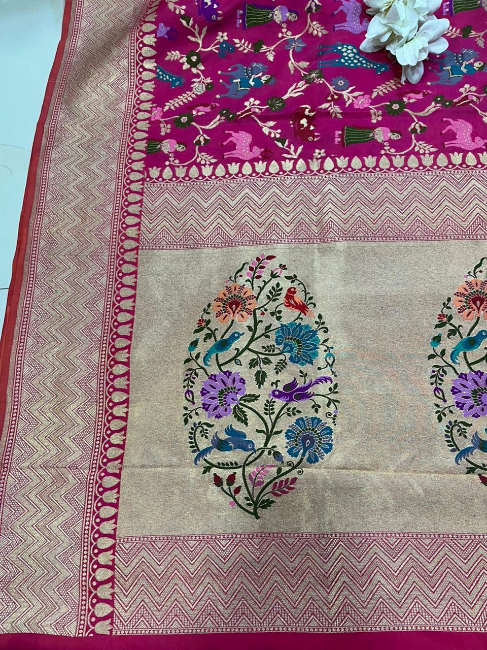 Pink Handloom Banarasi Pure Katan Silk Animal Flower Design Meenkari Saree - Luxurion World