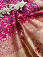 Pink Handloom Banarasi Pure Katan Silk Animal Flower Design Meenkari Saree - Luxurion World