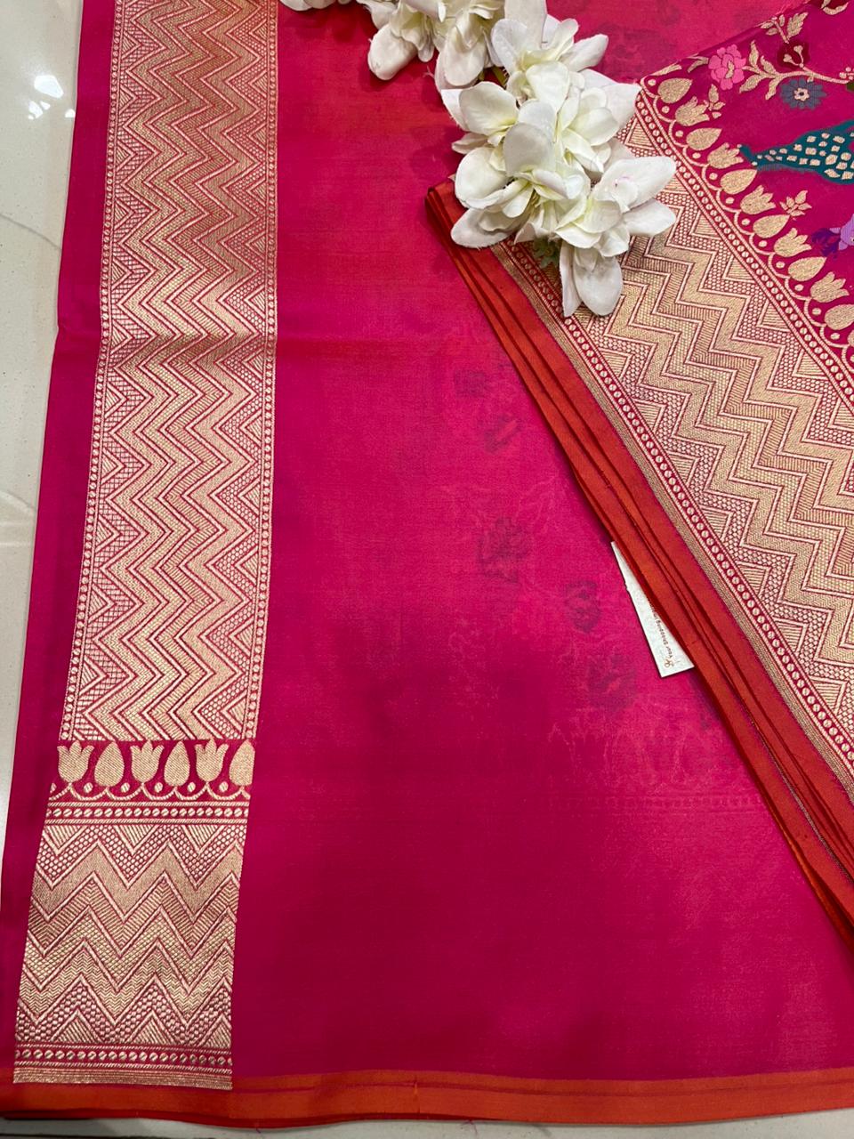 Pink Handloom Banarasi Pure Katan Silk Animal Flower Design Meenkari Saree - Luxurion World