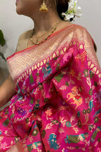 Pink Handloom Banarasi Pure Katan Silk Animal Flower Design Meenkari Saree - Luxurion World