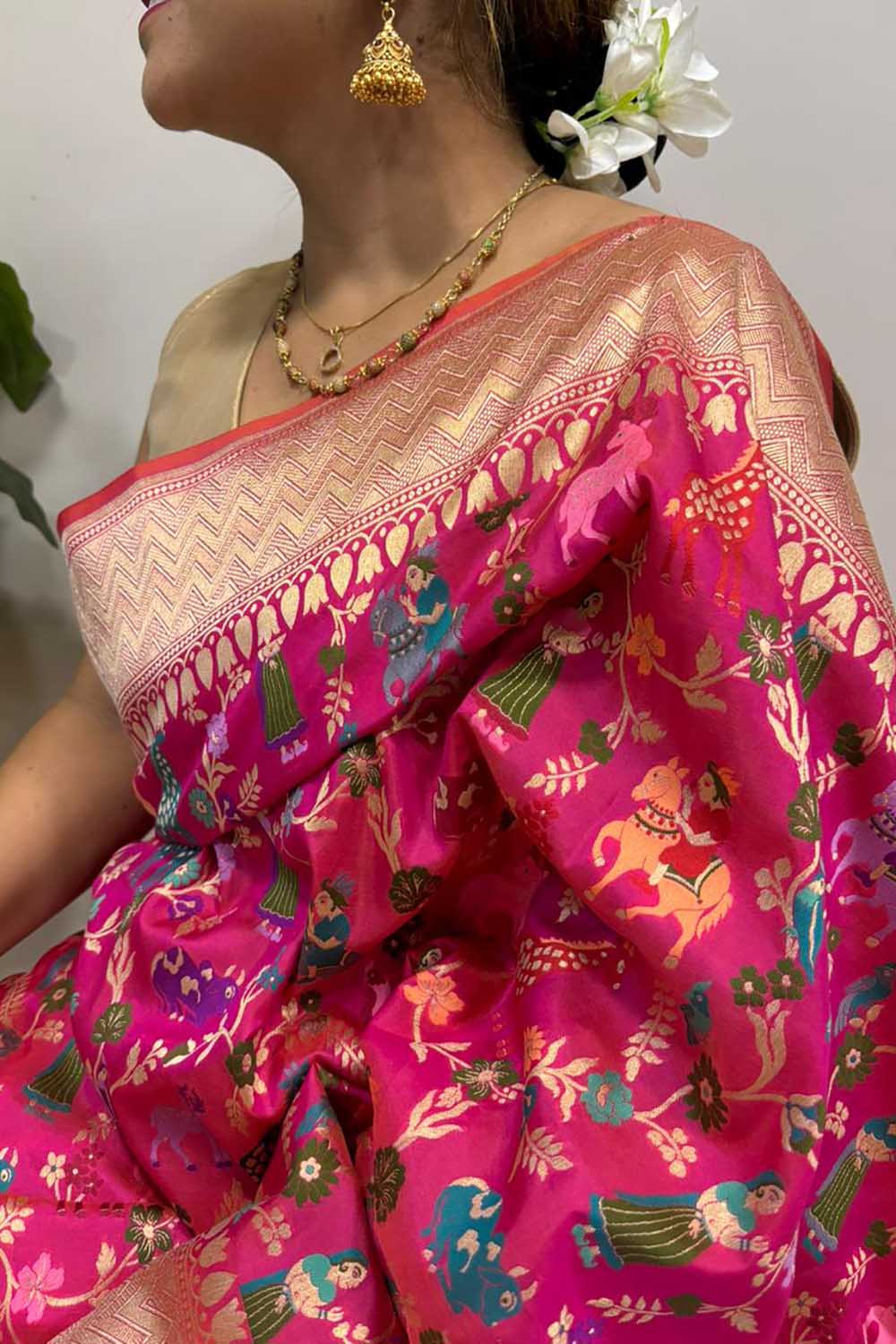 Pink Handloom Banarasi Pure Katan Silk Animal Flower Design Meenkari Saree - Luxurion World