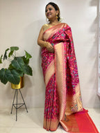Pink Handloom Banarasi Pure Katan Silk Animal Flower Design Meenkari Saree - Luxurion World