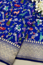 Blue Handloom Banarasi Pure Katan Silk Animal Flower Design Meenkari Saree - Luxurion World