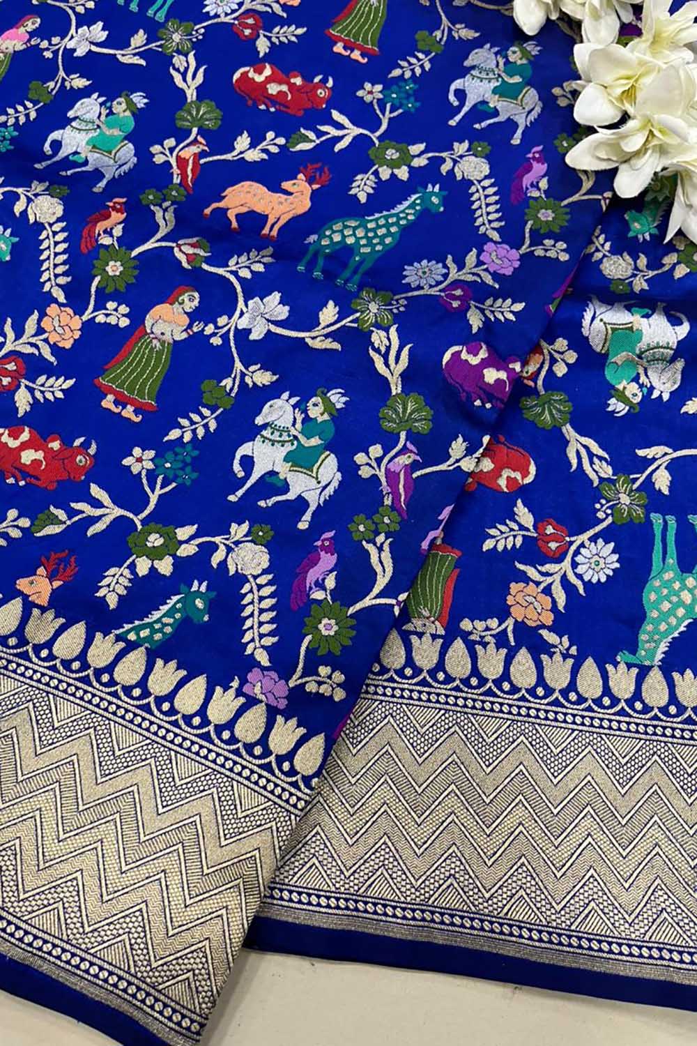 Blue Handloom Banarasi Pure Katan Silk Animal Flower Design Meenkari Saree - Luxurion World
