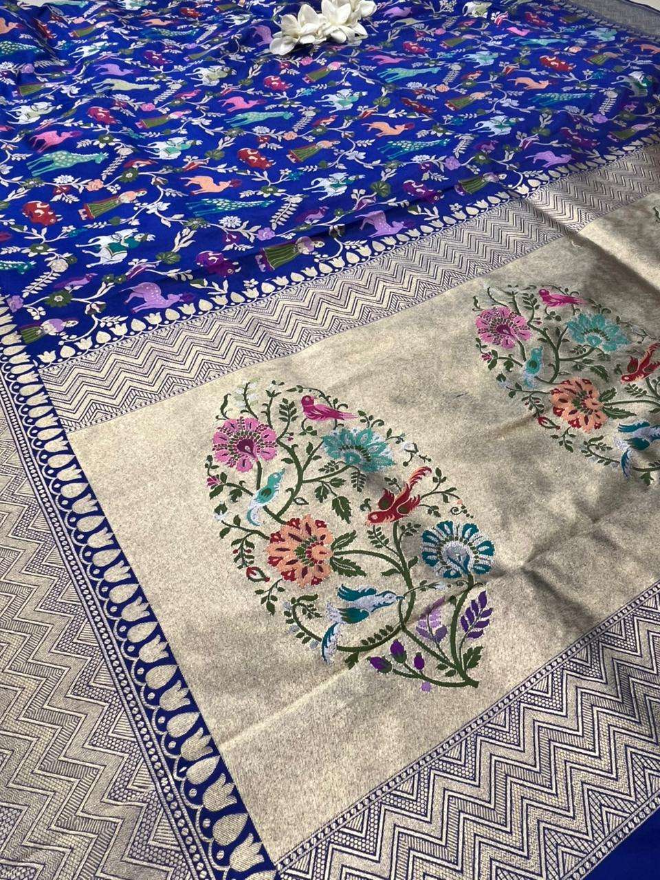 Blue Handloom Banarasi Pure Katan Silk Animal Flower Design Meenkari Saree - Luxurion World