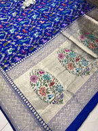 Blue Handloom Banarasi Pure Katan Silk Animal Flower Design Meenkari Saree - Luxurion World