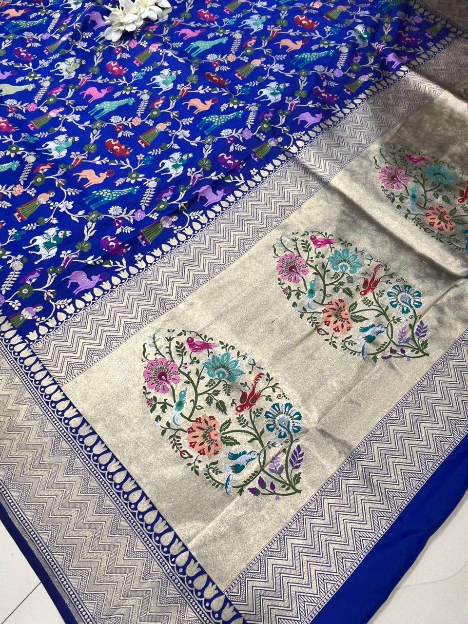 Blue Handloom Banarasi Pure Katan Silk Animal Flower Design Meenkari Saree - Luxurion World