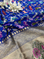 Blue Handloom Banarasi Pure Katan Silk Animal Flower Design Meenkari Saree - Luxurion World