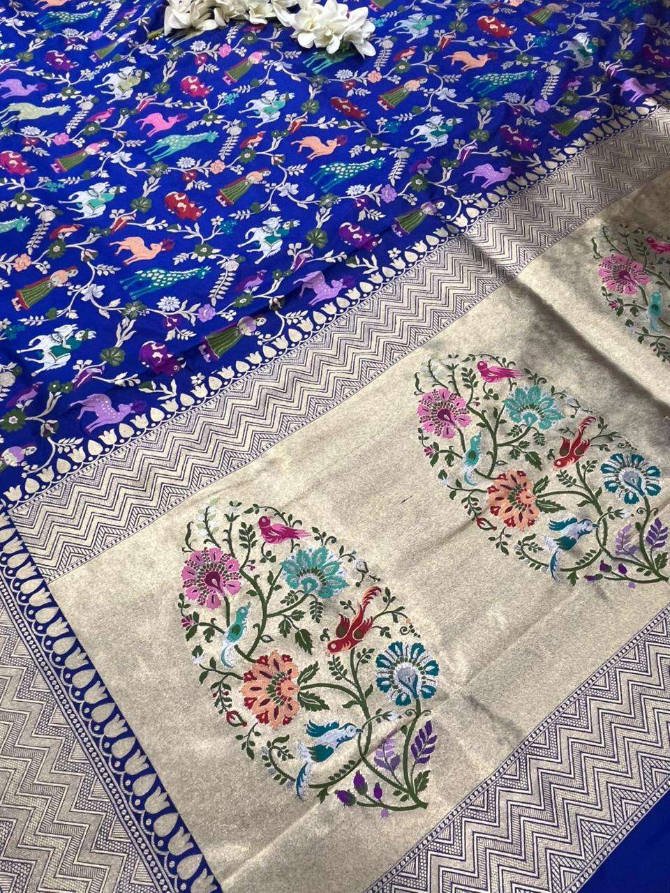 Blue Handloom Banarasi Pure Katan Silk Animal Flower Design Meenkari Saree - Luxurion World
