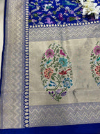 Blue Handloom Banarasi Pure Katan Silk Animal Flower Design Meenkari Saree - Luxurion World