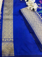 Blue Handloom Banarasi Pure Katan Silk Animal Flower Design Meenkari Saree - Luxurion World